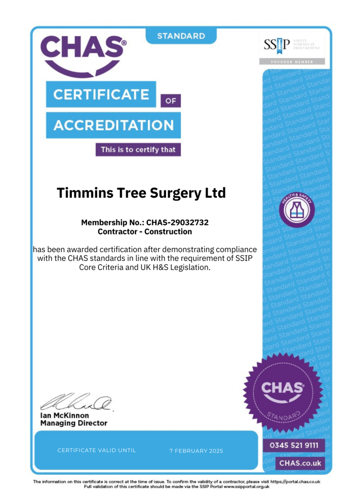 CHAS Certificate of Accreditation for Timmins Tree Surgery Ltd - Timmins Tree Surgery Ltd. Northumberland Tree Surgeons CHAS Certificate of Accreditation for Timmins Tree Surgery Ltd